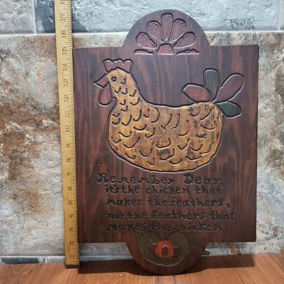 Vintage Wooden Chicken Wall Hanging Decor Its The Chicken That Makes the Feather - Picture 8 of 12